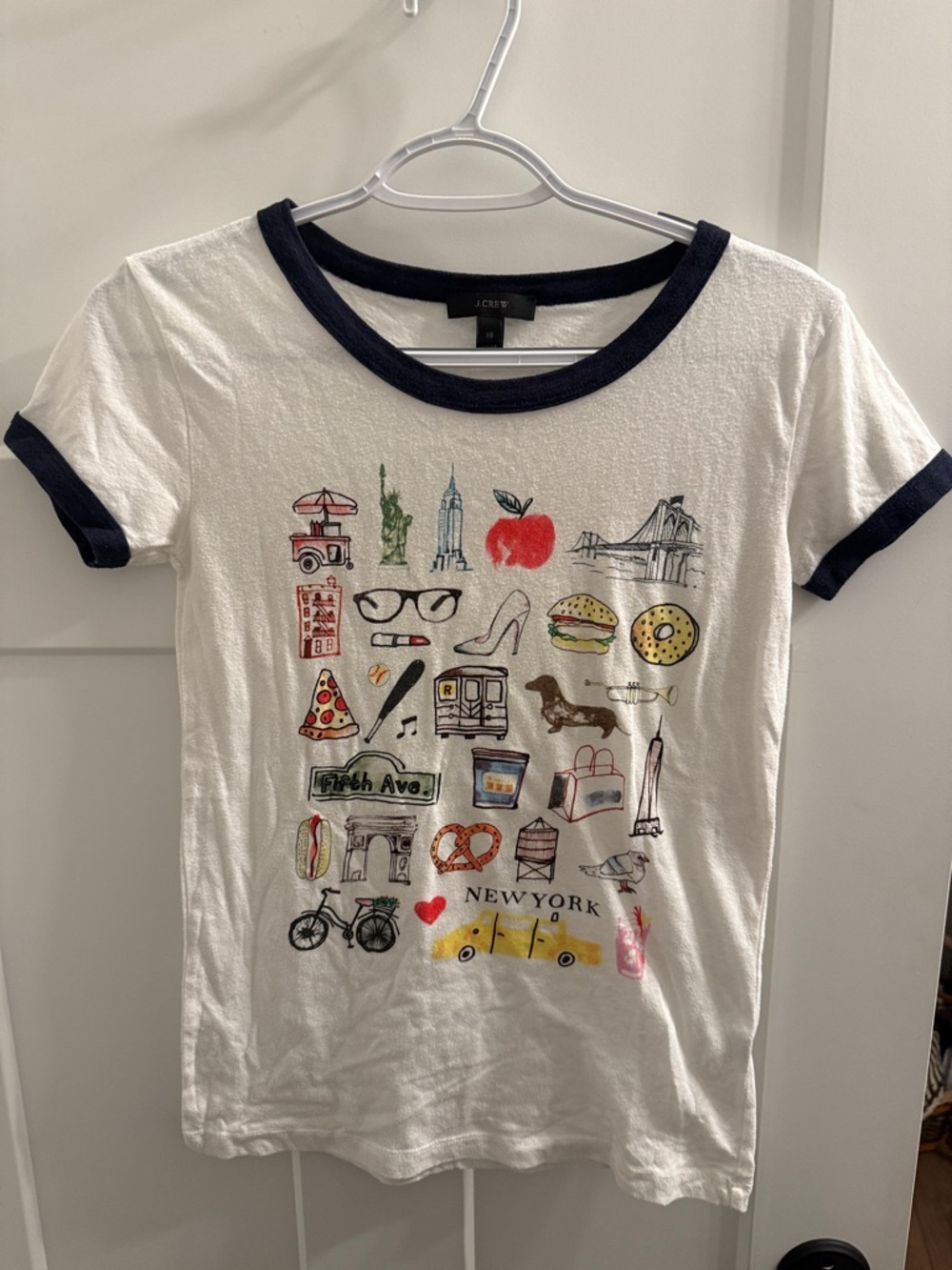 J. Crew White Ringer Tee with Navy Trim and Colorful NYC Icons